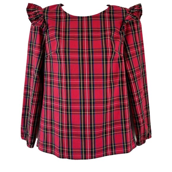 Re-Imagined by J. Crew Women's Red Tartan Ruffle Long Sleeve Top Blouse Small - Picture 1 of 9